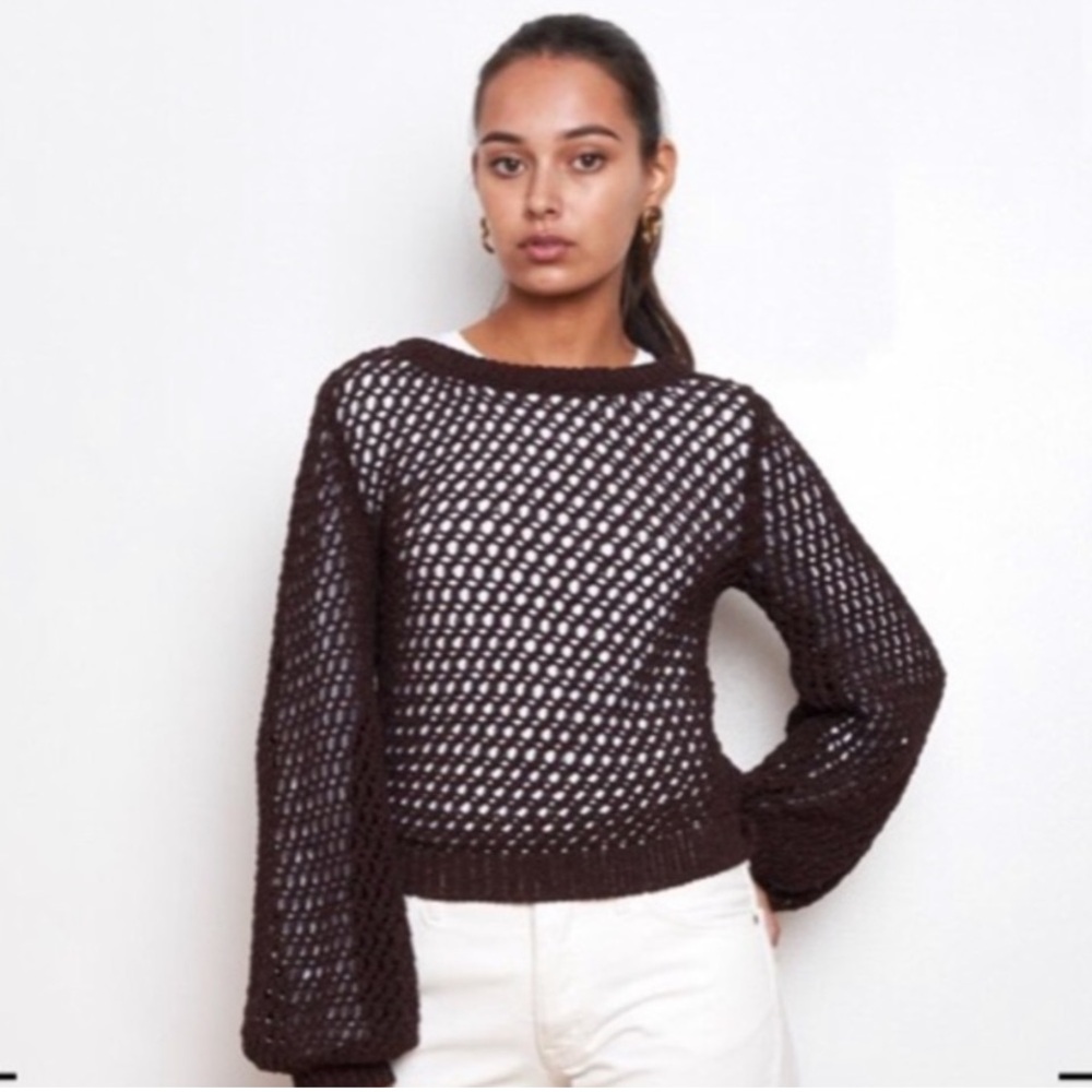 NWT Theory Mesh Open Knit Pullover Sweater Dark Brown Merletto Size P/XS